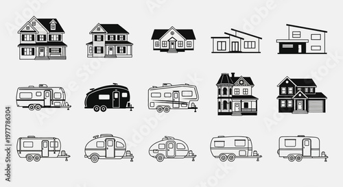 Collection of House and RV Icons: Modern and Traditional Architecture, Travel Trailers