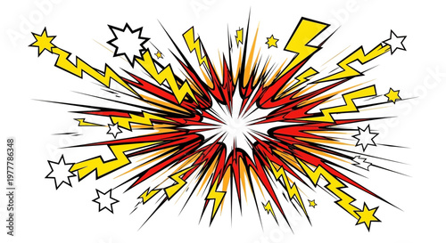 Explosion Burst Comic Style Red Yellow Lightning Bolt Stars Isolated White Background