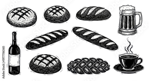 Assortment of freshly baked breads, a bottle of wine, a mug of beer, and a cup of coffee.