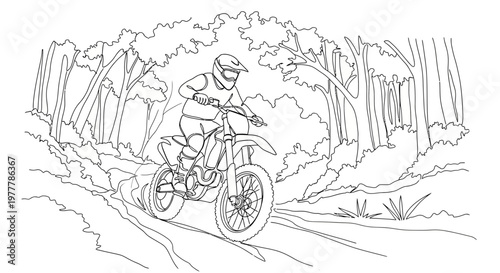 Dirt bike rider racing on a forest trail, kicking up dust, action shot, line art