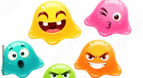 Funny Cartoon Slime Monsters with Expressive Faces - Yellow, Pink, Blue, Orange, Green