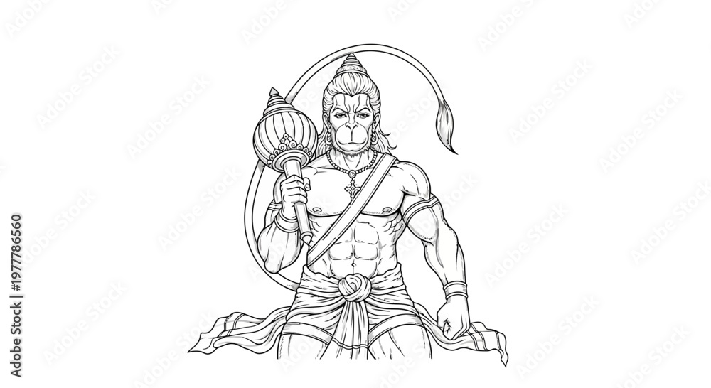 Obraz premium Hanuman Outline Drawing - Hindu God, Monkey God, Warrior, Strength, Devotion