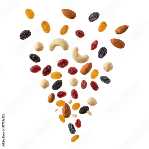 Floating assortment of golden and dark raisins with vibrant red cranberries and various premium nuts in a white studio healthy snack explosion concept