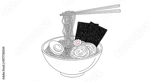 Hand-drawn Ramen Noodles with Egg and Seaweed in Bowl, Chopsticks Lifting Noodles