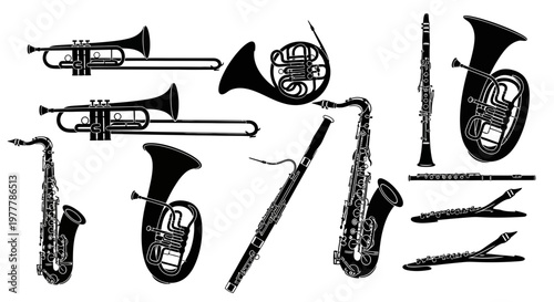 Collection of Musical Instruments Silhouette: Brass and Woodwind Instruments