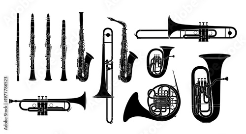 Collection of Musical Instruments Silhouette: Brass and Woodwind Instruments