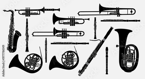 Collection of Musical Instruments Silhouettes - Brass, Woodwind, and Wind Instruments