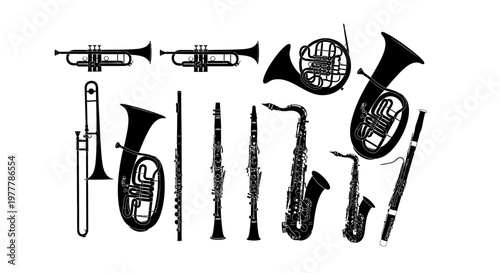Collection of Musical Instruments Silhouette: Brass and Woodwind Instruments