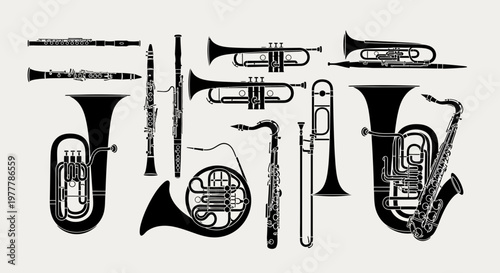 Black Silhouette Collection of Musical Instruments on a Light Background