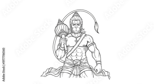 Hanuman Outline Drawing - Hindu God, Monkey God, Warrior, Strength, Devotion