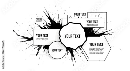 Abstract Black Ink Splatter Frames with Text Placeholders on White Background