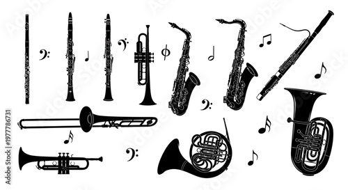 Musical Instruments Collection: Woodwinds and Brass Silhouettes with Notes