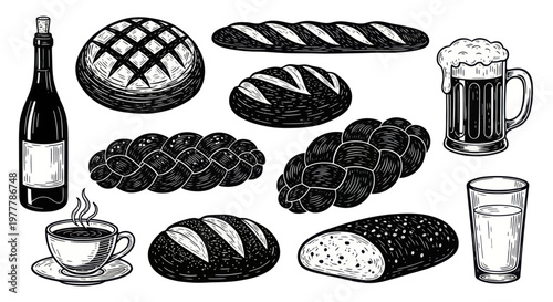 Collection of Baked Goods and Beverages Hand Drawn Illustration.