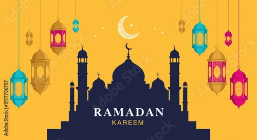 Ramadan Kareem Islamic Mosque Silhouette with Hanging Lanterns and Crescent Moon