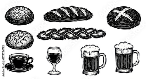 Collection of Baked Goods and Beverages in Vintage Style.