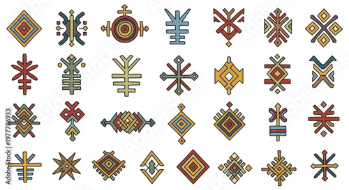 Canvastavla Collection of diverse geometric tribal symbols and patterns in various colors