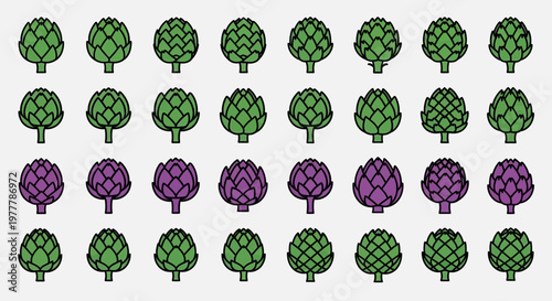 Seamless Pattern of Green and Purple Artichokes on a Light Gray Background