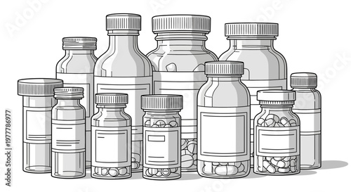 Collection of assorted medicine bottles and pill containers, sketch illustration