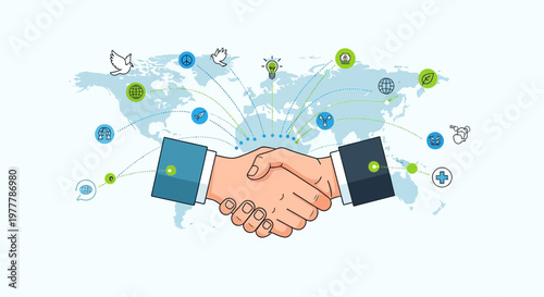 Global Business Partnership Handshake Over World Map with Connection Icons