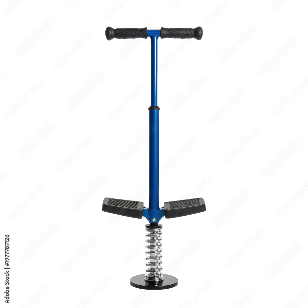 Naklejka premium A modern cobalt blue and black pogo stick stands upright in a white studio with soft lighting, highlighting textures and metal spring active play atmosphere