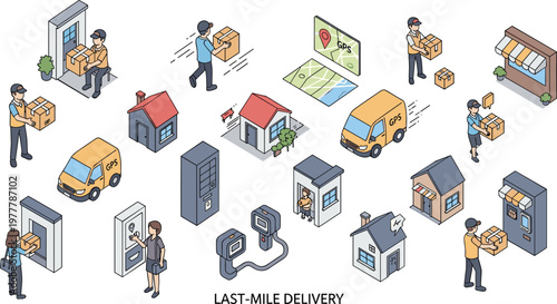 Set of Last Mile Delivery Illustrations Featuring Courier Service, Package Delivery, GPS Tracking, and Doorstep Logistics Operations
