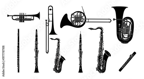 Collection of Musical Instruments Silhouette: Brass and Woodwind Instruments