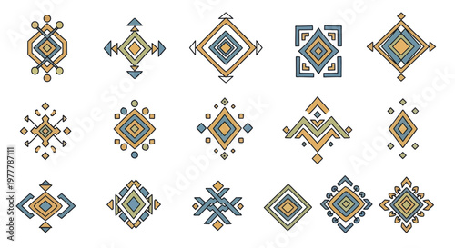 Collection of Hand-Drawn Aztec and Tribal Geometric Symbols and Icons.