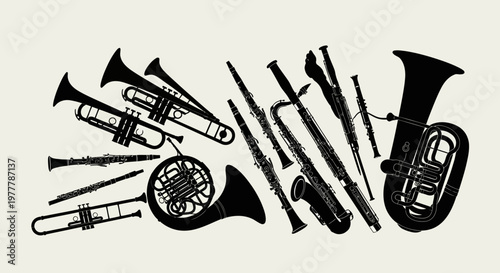 Black Silhouette of Assorted Musical Instruments on a Light Background
