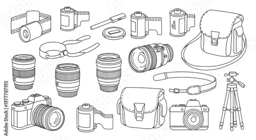 Vintage Photography Equipment Collection: Cameras, Lenses, Tripod, Bags, Film Rolls