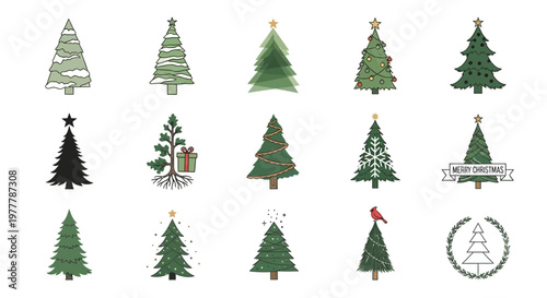 Collection of Diverse Christmas Trees: Festive Decorations, Snow, Gifts, and Ornaments
