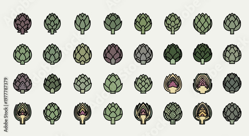 Artichoke Pattern: Collection of Fresh Artichokes, Whole and Halved, on Cream Background