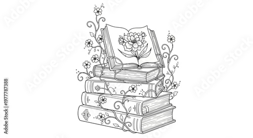 Whimsical Stack of Books with Floral Vines and Blooming Flowers - Vintage Illustration