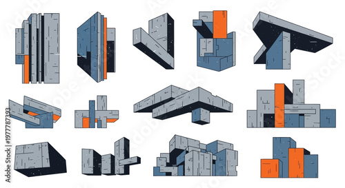 Abstract geometric architectural forms, futuristic building concepts, minimalist design