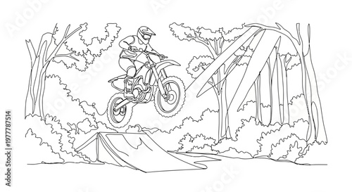Motocross rider airborne over dirt ramp in forest, dynamic action shot