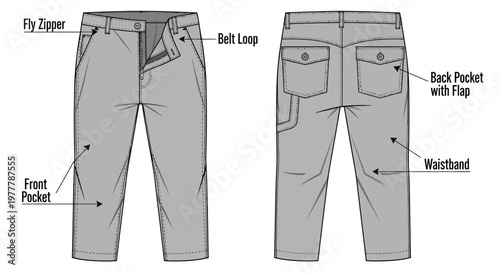 Fashion Flat Sketch: Men's Cargo Pants with Detailed Features - Front and Back View