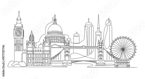 London Skyline Outline: Iconic Landmarks in Black and White Sketch