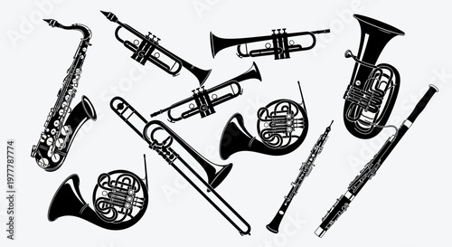 Collection of Musical Instruments Silhouettes: Brass and Woodwind Instruments