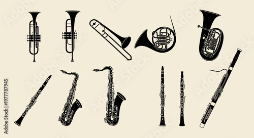 Collection of Brass and Woodwind Musical Instruments Silhouettes on Beige Background