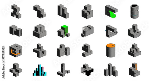 Abstract 3D Geometric Shapes Collection, Isometric Blocks, Digital Art