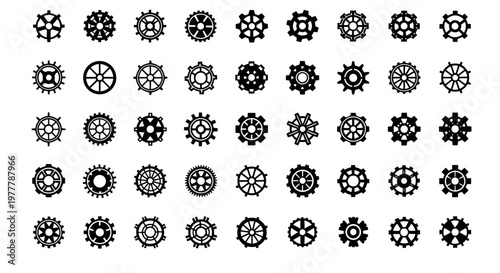Collection of Gear Icons, Cogwheels, and Mechanical Parts - Vector Set