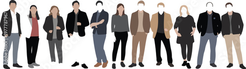 Clean minimalist vector of diverse office team arranged in alternating outfits shown in slight perspective lineup