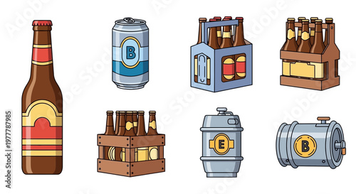 Assorted Beer Packaging: Bottles, Cans, Six-Packs, Kegs, and Cases