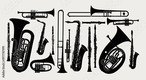 Silhouette Collection of Brass and Woodwind Musical Instruments on a Light Background