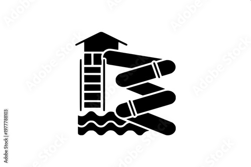 “Water slide schematic-style icons, various shapes and lengths, bold silhouette design for signage and infographics.”