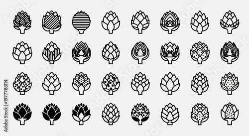Artichoke Icons Set: Diverse Styles and Variations of Fresh Vegetable