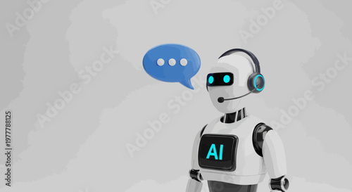 AI robot with headset and speech bubble, artificial intelligence chatbot customer service concept