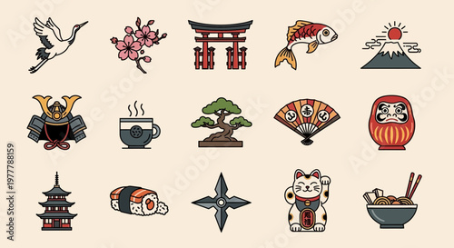 Japanese Culture Icons: Traditional Symbols Collection - Vector Art