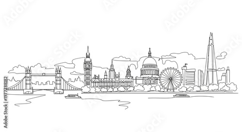 London Skyline Outline Drawing with Famous Landmarks and River Thames
