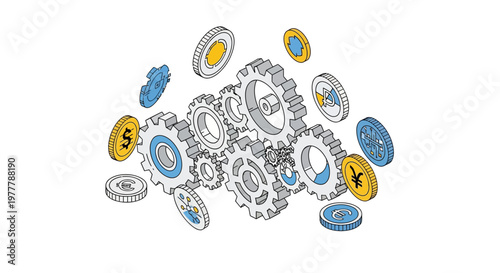Gears and Currency Coins: Symbolizing Financial Systems, Economy, and Business Mechanics