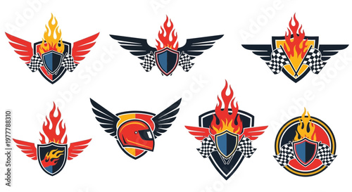 Racing Emblems Set: Flames, Shields, Helmets, Wings, Checkered Flags
